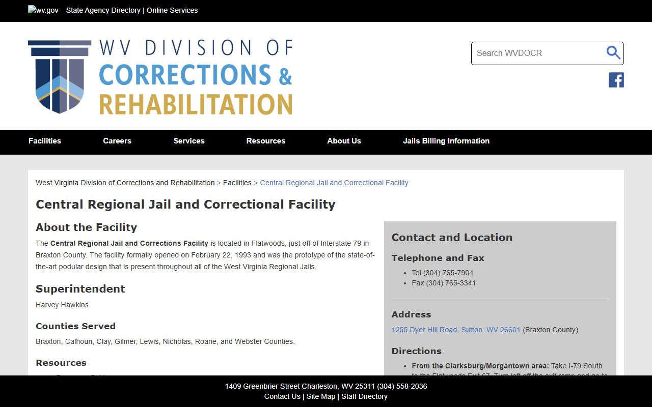 Central Regional Jail and Correctional Facility Webster County inmate lookup source page