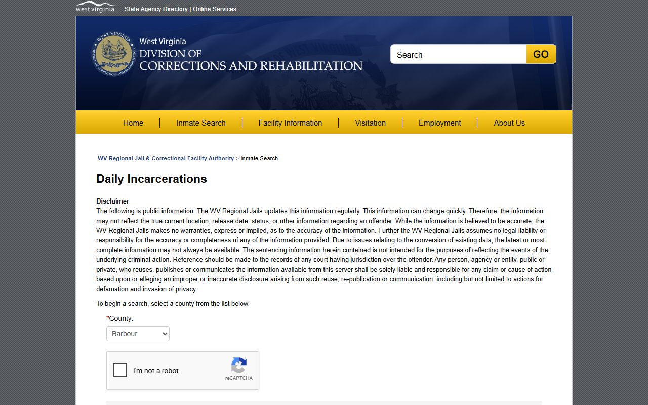 Webster County inmate population WV daily incarcerations search