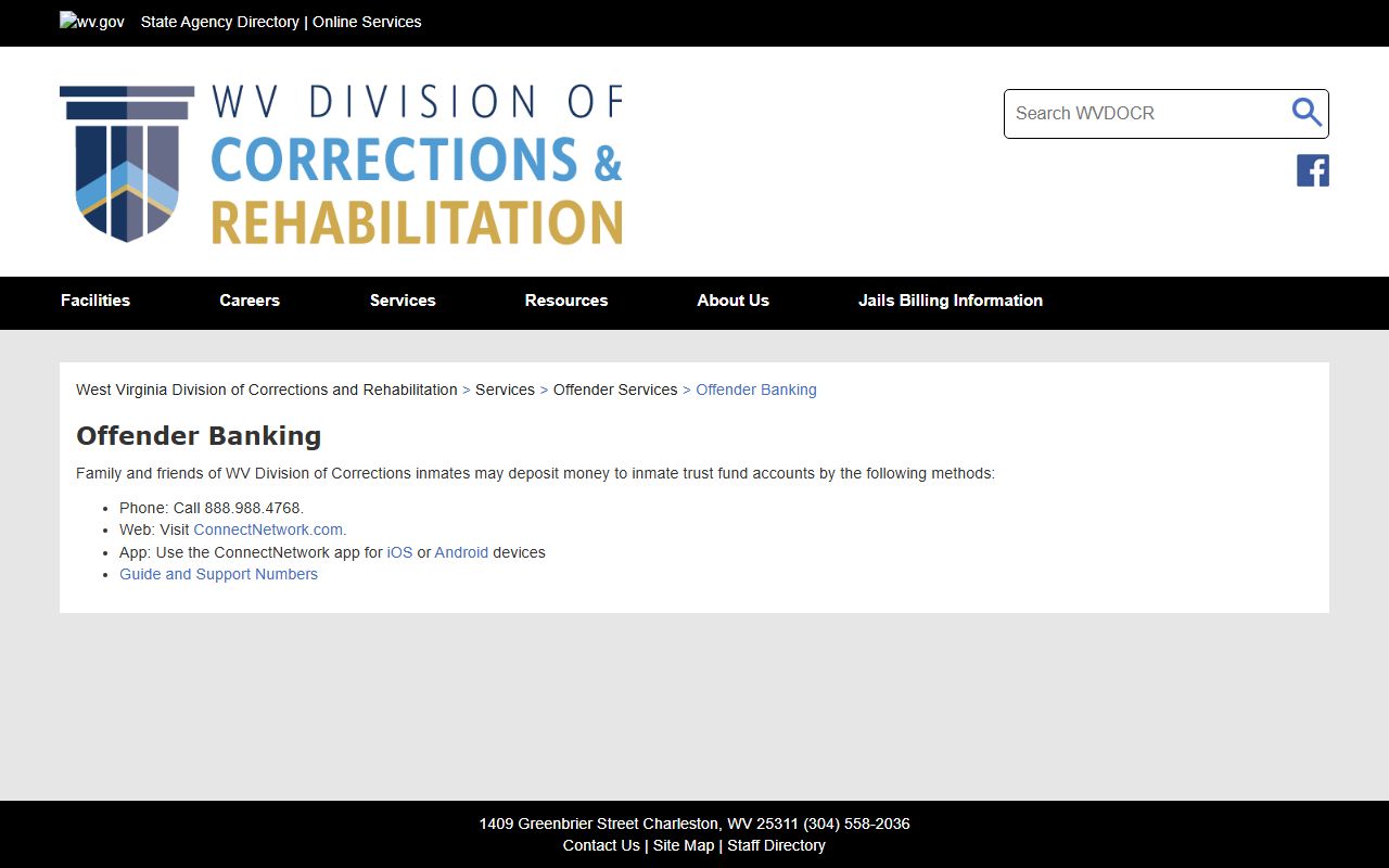 WV DCR offender banking page with ConnectNetwork deposit options