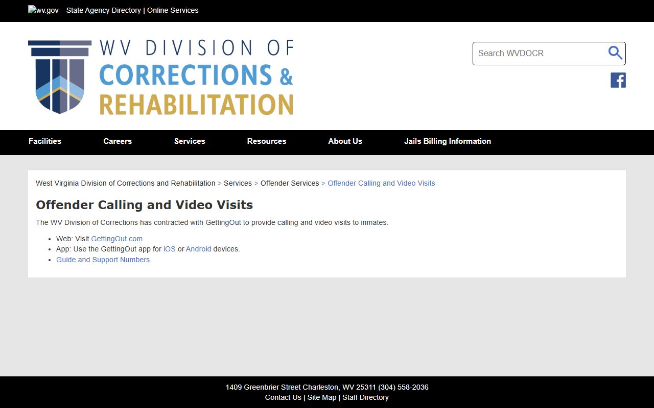 WV DCR calling and video visit page for GettingOut services