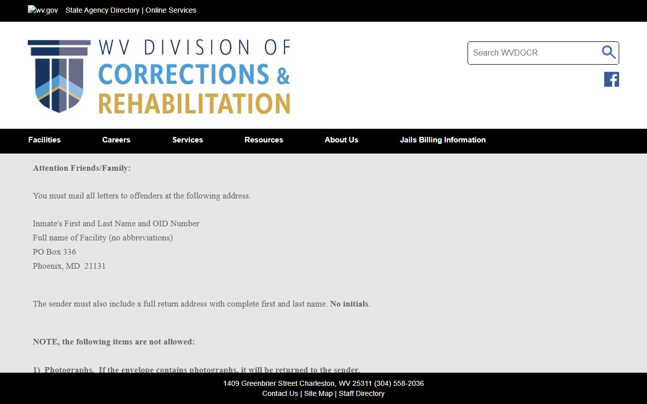 WV DCR offender mail page with mailing rules and Phoenix address