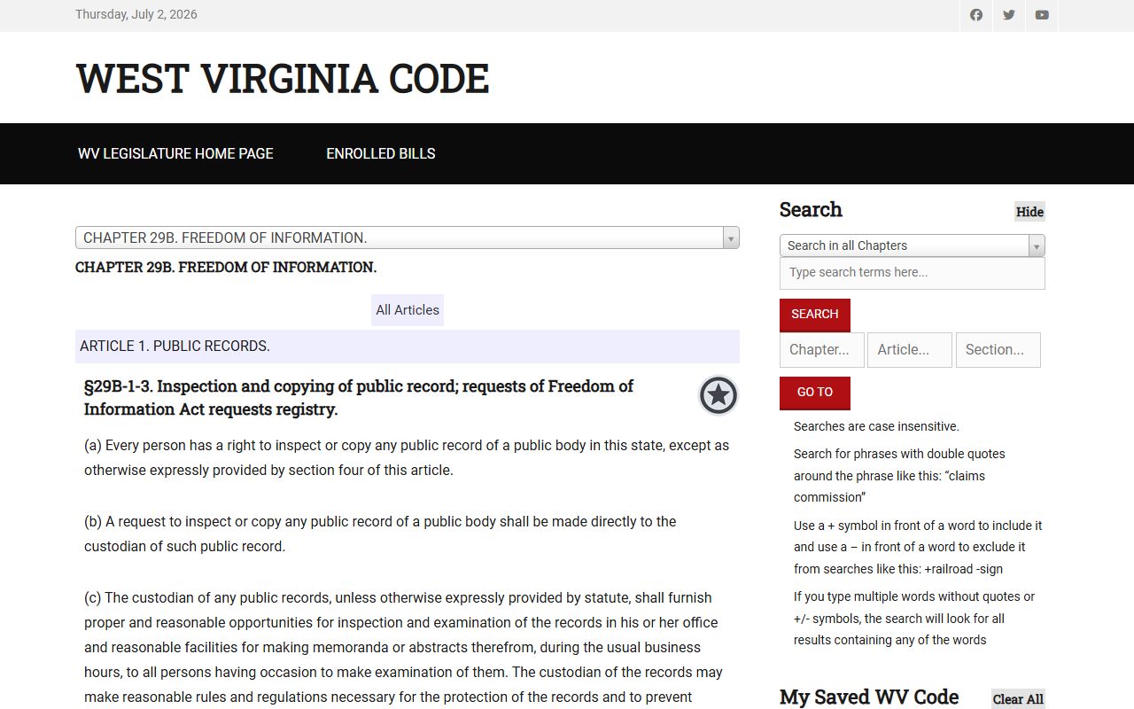 Webster County inmate records West Virginia FOIA statute