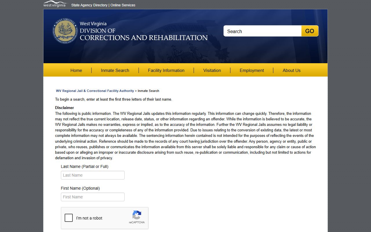 Webster County inmate roster WV regional jail offender search fields